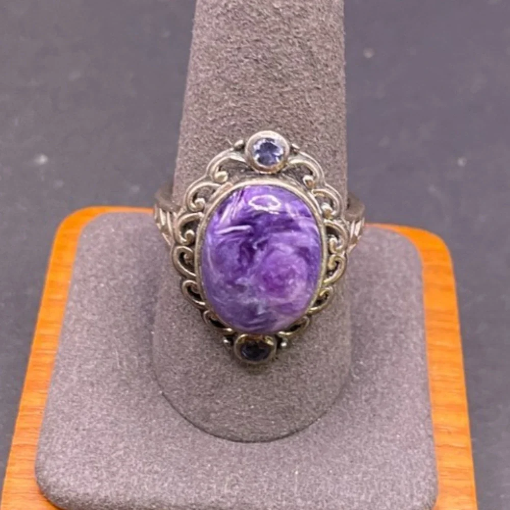 Vintage D'Joy 925 Sterling Silver Charoite Oval Cabochon Ring Filigree Sz 9.75